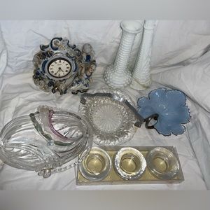 Vintage Antique Decor Treasure Home Decor Bundle Lot Clock Milk Glass Candle